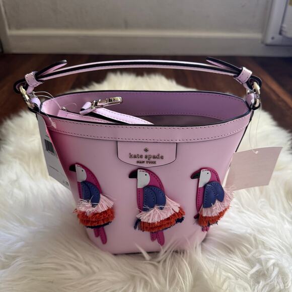 NEW Kate Spade NY Pippa Flock Party Parrot Pink Small Bucket Crossbody Bag - Picture 2 of 12